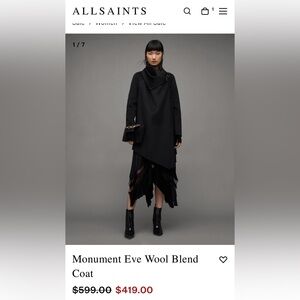 Like new worn once all saints city monument wool drape coat black sz xxs 00